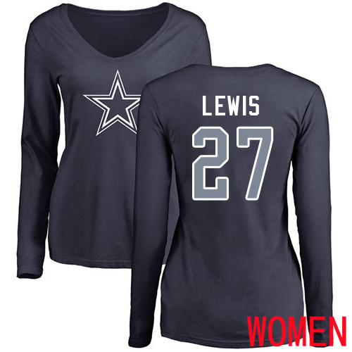 Women Dallas Cowboys Navy Blue Jourdan Lewis Name and Number Logo Slim Fit 27 Long Sleeve Nike NFL T Shirt